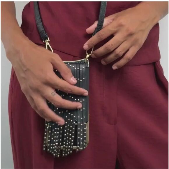 Nip/nib/nwt bandolier add on black & gold studded fringe magnetic wallet remi - Picture 3 of 5